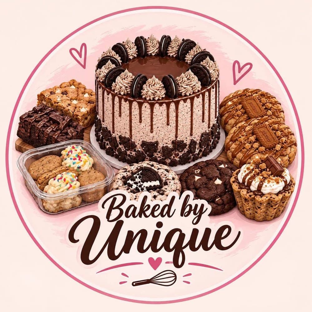 Baked By Unique — a chocolate drip cake surrounded by gourmet stuffed cookies, brownies and blondies