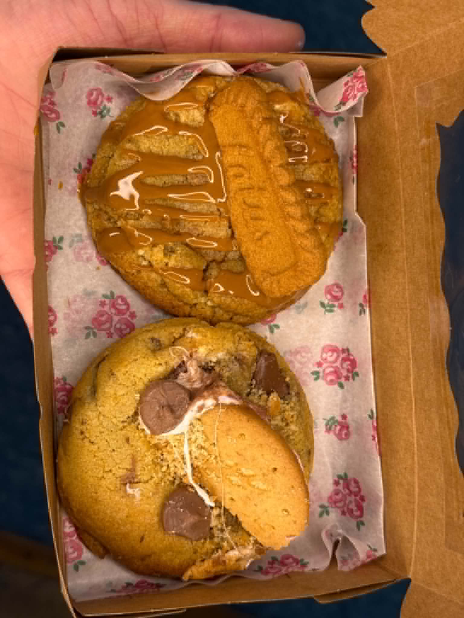 Biscoff stuffed cookie drizzled with caramel and topped with a Biscoff biscuit